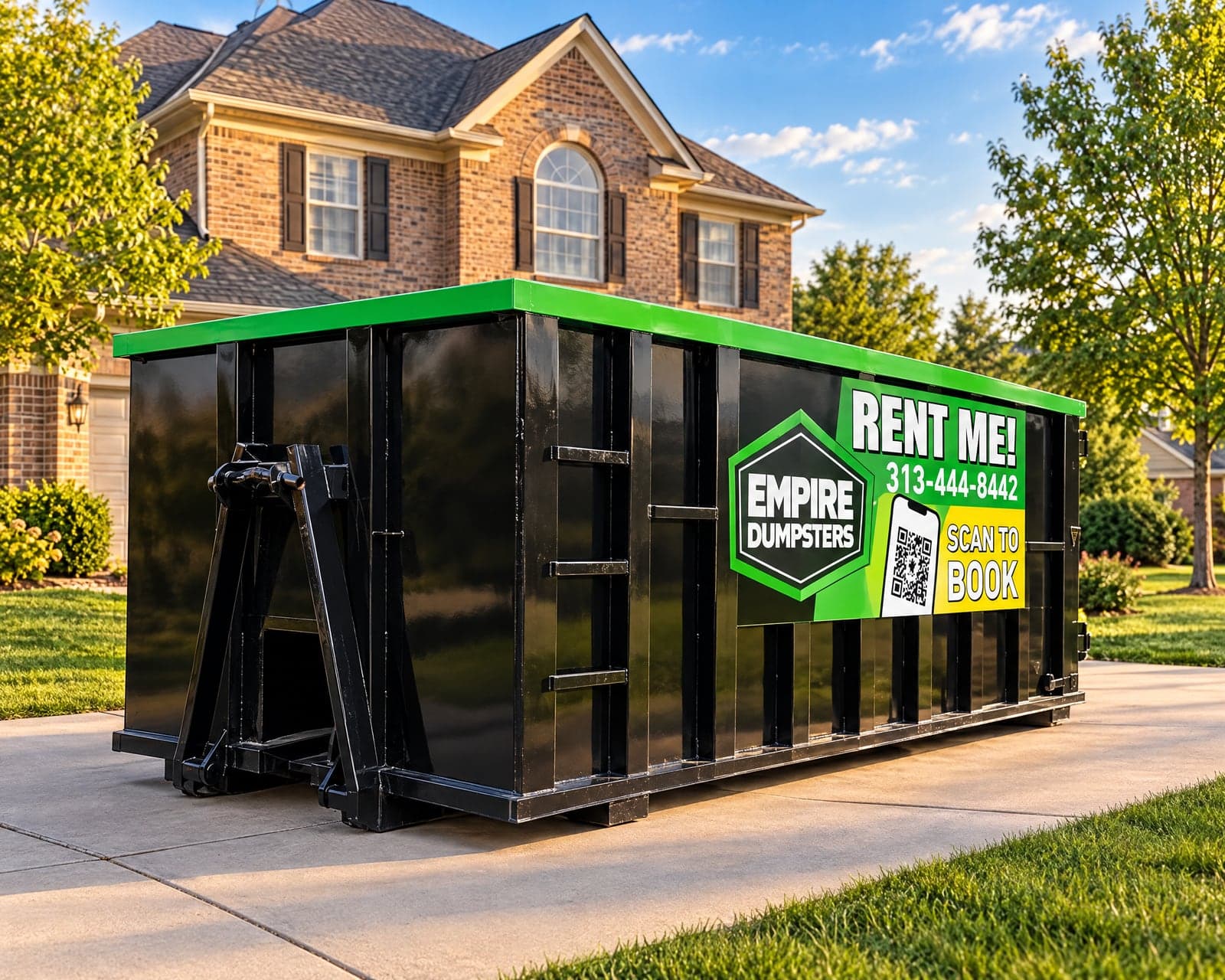 Empire Dumpsters roll-off dumpster on a residential driveway