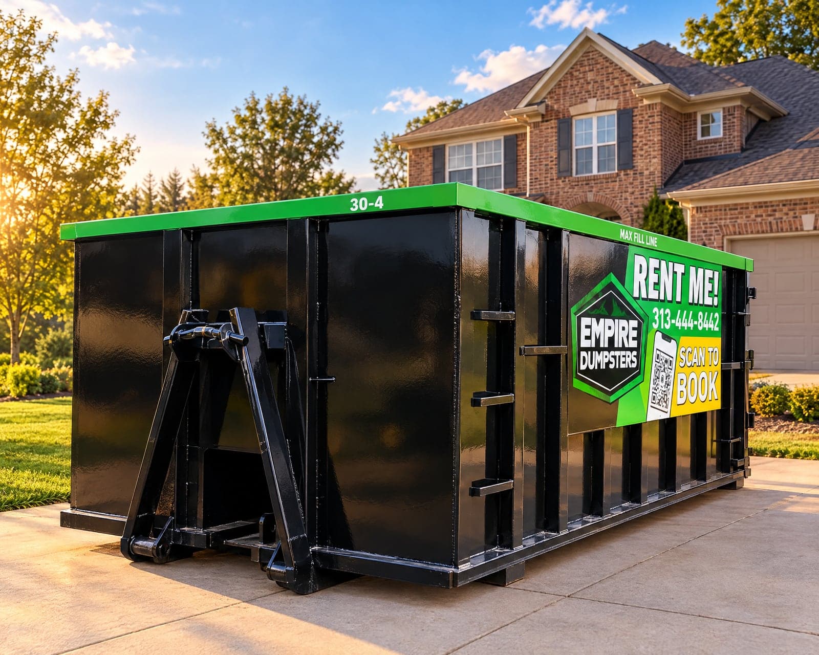 Empire Dumpsters roll-off dumpster on the driveway of a brick home